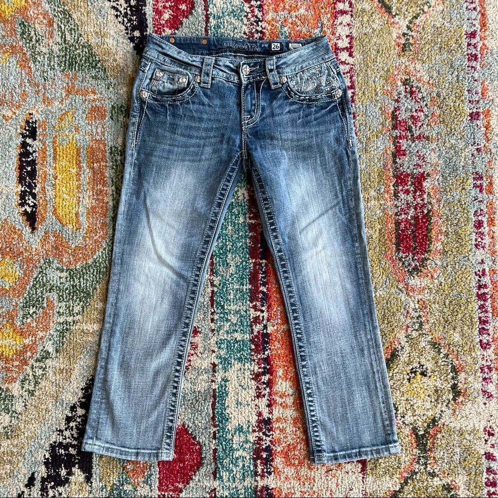 Miss Me Signature Cropped jeans geometric embroidered pockets rhinestones Y2K - Picture 4 of 15